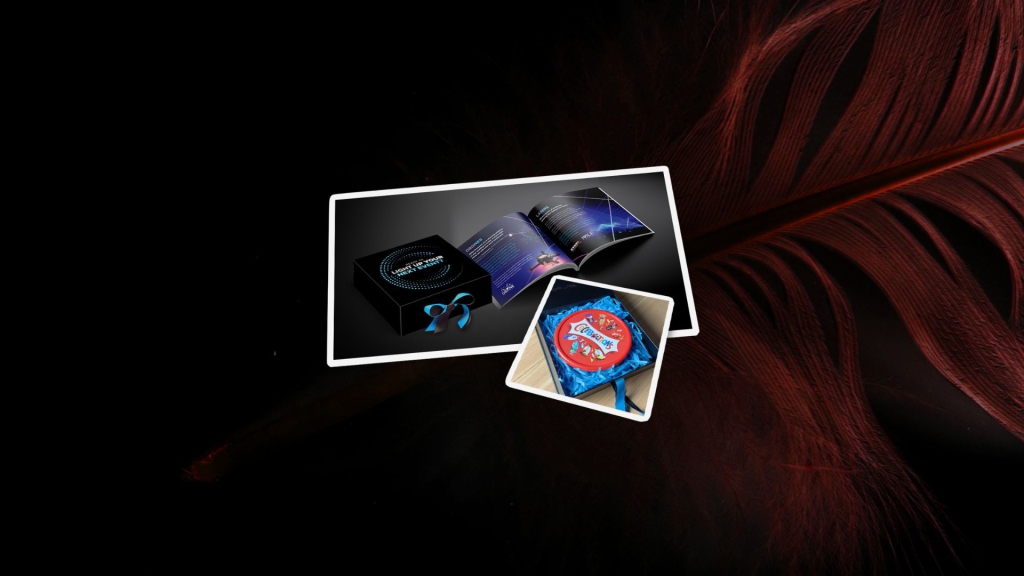 A decorative image of DroneSwarm's promotional gift box, brochure and a box of Celebrations chocolates.