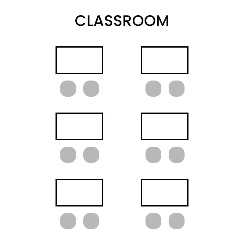 Classroom style seating plan, with individual tables, each with two chairs